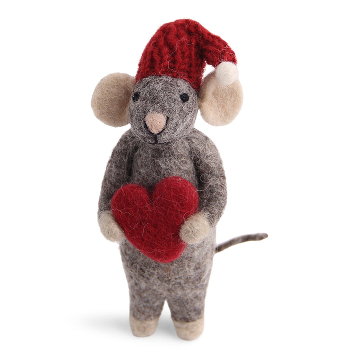 Christmas Figurine - Winter Mouse (Medium) with Heart (Grey)