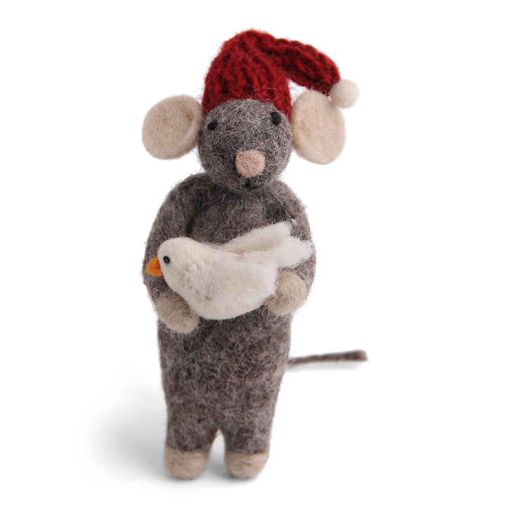 Christmas Figurine - Winter Mouse (Medium) with Bird (Grey)