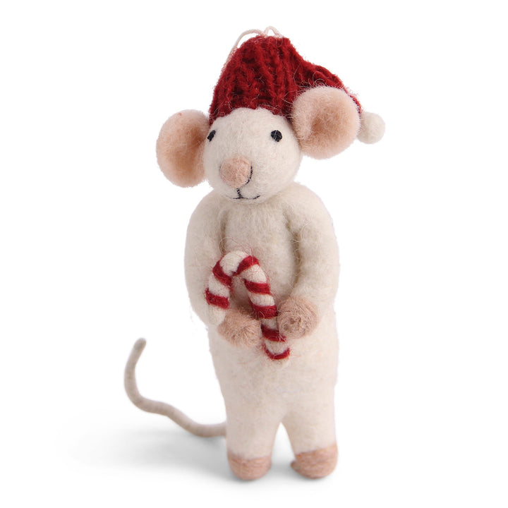 Christmas Figurine - Winter Mouse (Medium) with Candy Cane (White)