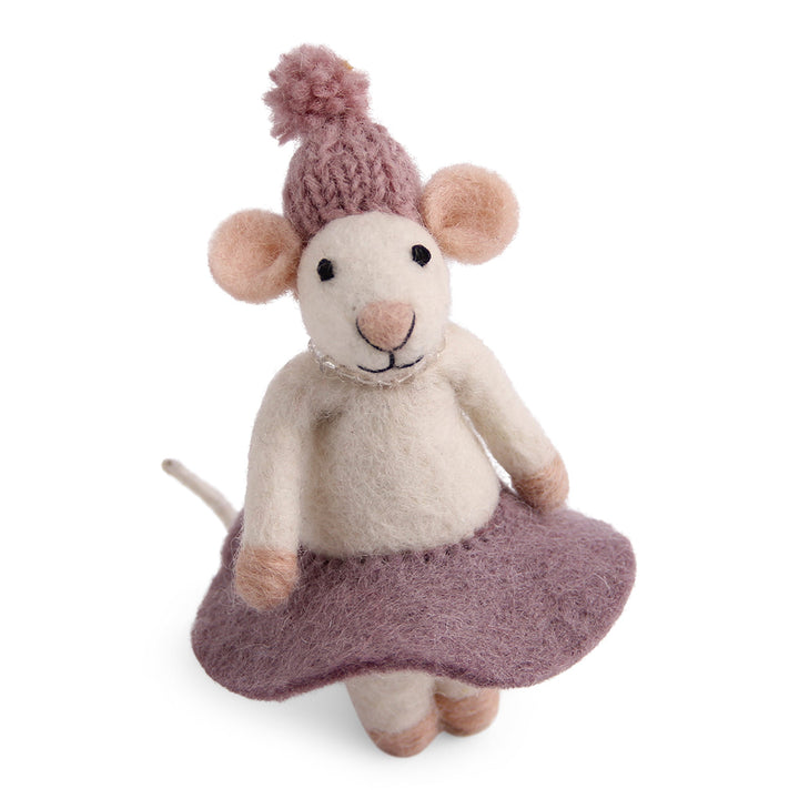 Christmas Figurine - Winter Mouse (Medium) with Purple Dress and Beanie (Grey)