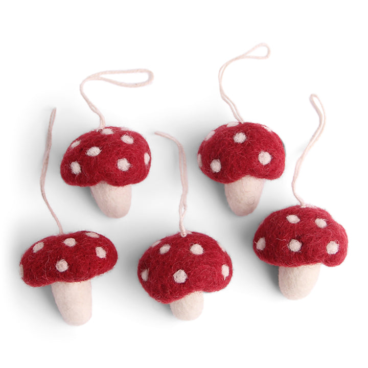 Felt Christmas Hanging Decoration - Mushrooms in Red (Set of 5)