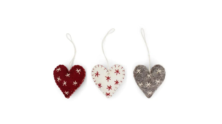 Felt Christmas Tree Decoration - Hearts with Fine Stars (Set of 3)