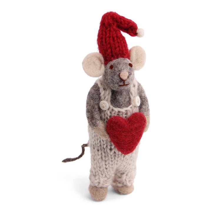 Christmas Figurine - Winter Mouse Boy (Small) with Heart (Grey)