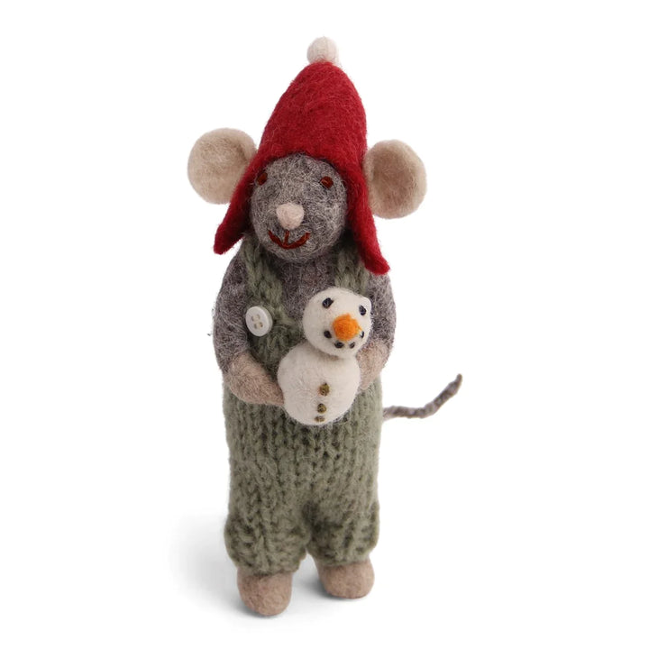 Christmas Figurine - Winter Mouse Boy (Small) With Snowman (Grey)