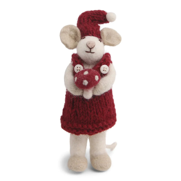 Christmas Figurine - Winter Mouse Girl (Small) with Mushroom (White)