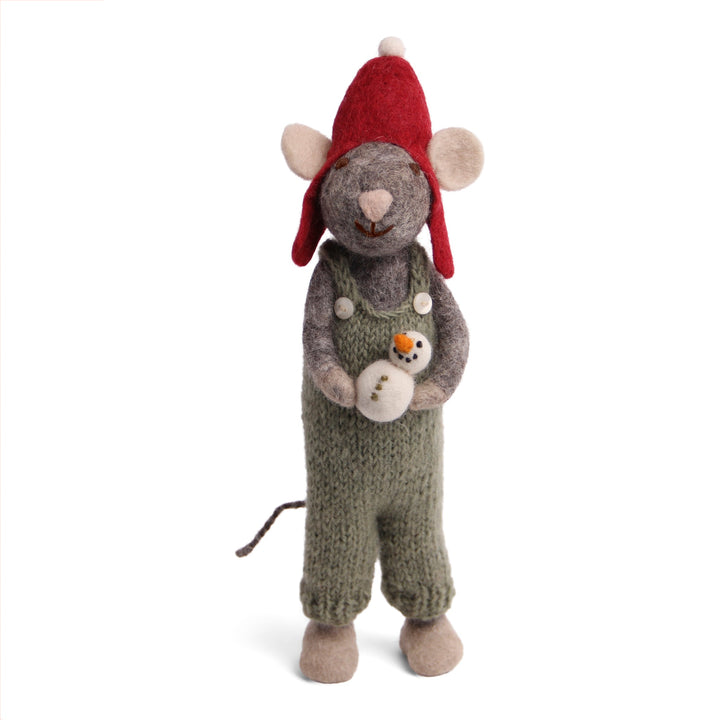 Christmas Figurine - Winter Mouse with Snowman (Grey) - Large