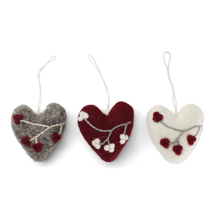 Felt Christmas Tree Decoration - Hearts with Winter Berries (Set of 3)