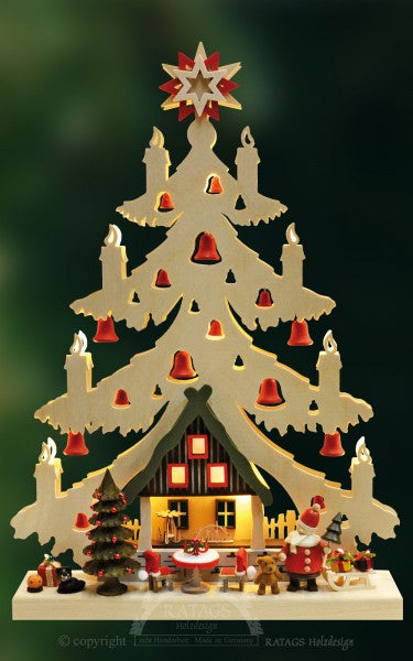 Lighted Arch (Schwibbogen) - Tree - Santa's Home in Natural and Red