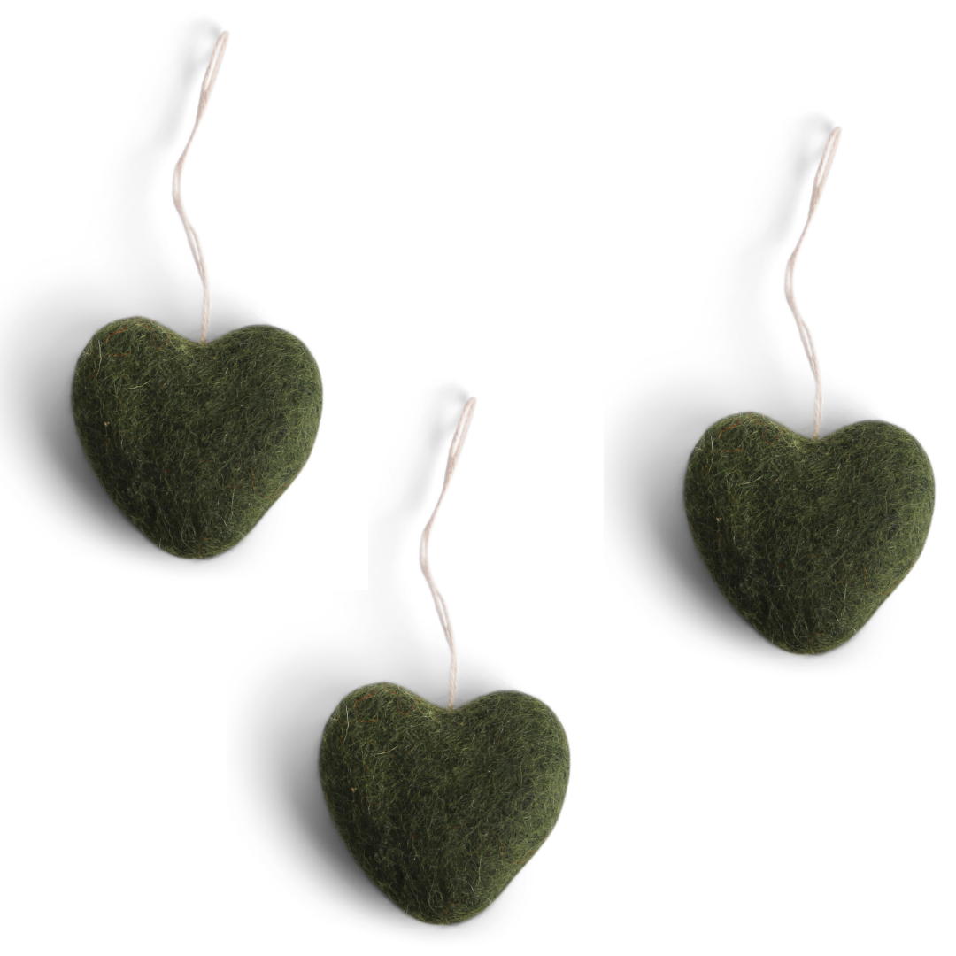 Felt Christmas Tree Decoration - Hearts (Green) - Set of 3